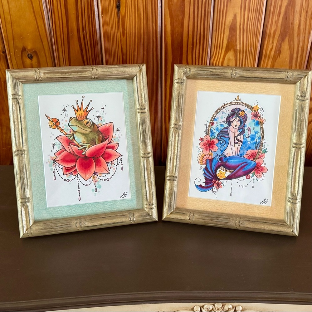 Framed Matted Artwork Set of Two Frog Prince and Mermaid - Picture 3 of 5